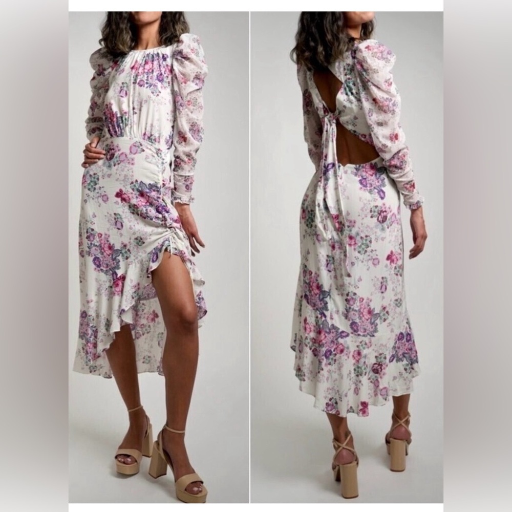 For Love and Lemons Ross Floral Puff Sleeve MIDI Dress white floral